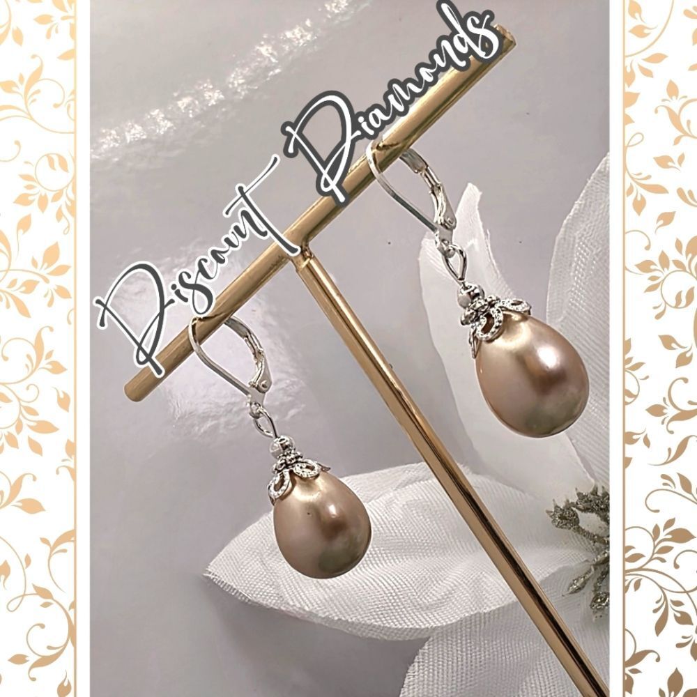 South Sea Shell 10mm Champagne Pearl Dangle Leverback Earrings